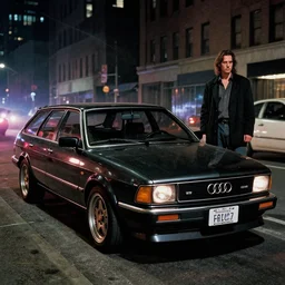 Aqua Metallic Audi 80 RS 2 Avant (1995), black car, a gritty neo-noir, dramatic lighting, cinematic, homicide, establishing shot, extremely high detail, photorealistic, cinematic lighting, artstation, by simon stalenhag, Max Payne (PC) (2001) winter new york at night, flashing lights, Poets of the Fall - Late Goodbye