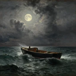 haraga sea storm, moon light, by rembrandt and gutav dore, painting, in motor boat