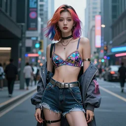 gorgeous woman with colorful hairs, bra and shorts streetwear, cyberpunk city street, fashion photography, costume design, illustration, cinematic color grading, editorial photo, fashion, hyperrealism, trending on artstation, by charlie bowater, by wlop, detailed, intricate, elegant, vfx, postprocessing, octane render, 8 k