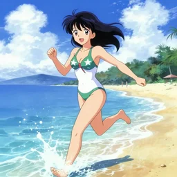 girl in swimsuit at the beach running into water, sprite, vaporwave nostalgia, directed by beat takeshi, visual novel cg, 8 0 s anime vibe, kimagure orange road, maison ikkoku, sketch by osamu tezuka, directed by makoto shinkai and beat takeshi