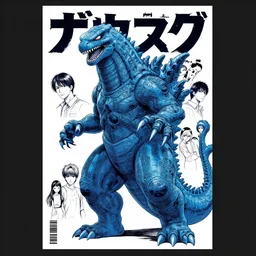 professionally drawn seinen mature cyberpunk kaiju horror action manga comic cover, full color, beautifully drawn coherent professional, drawn by ilya kuvshinov!, satoshi kon, kentaro miura, dave mckean, tsutomu nihei. japanese script kanji hiragana on the cover. minimalist stylized cover art. blue cel shaded