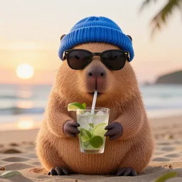 a photorealistic photograph of a knitted cute Capybara wearing sunglasses and dressed in a blue beanie cap. The subject is consuming a refreshing Mojito drink at the beach during sunset. The image is Trending on Artstation, featured on Behance, well-rendered, fine detail, extra crisp image, Unreal Engine, 4K HD