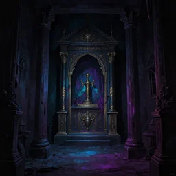 A room with a darkened doorway in the endless grimdarkest dungeon depths. trending on artstation, vibrant palette, highly detailed digital illustration. A cruel reliquary in the gloom.