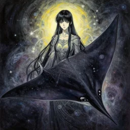 priestess of galactic manta rays. gouache painting by award - winning mangaka, intricate details, chiaroscuro, bloom, backlighting