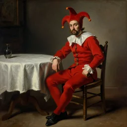 a plotting man in a red jester suit sitting in a wooden chair near a table covered with cloth. the room is dimly lit. art style of Jan Matejko, ominous, realistic, highly detailed