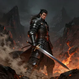 realistic side view photo of a king, in the mountains, angry, beautiful face, handsome, black iron armour, sword, lava, dust and blood, dark environment, action fantasy, dark, wide angle, dramatic lighting, intricate, wild, highly detailed, digital painting, artstation, concept art, illustration