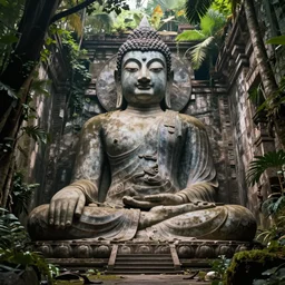 a dramatic picture of a giant buddha in an abandoned jungle temple ruin, photorealistic, volumetric lights, highly detailed