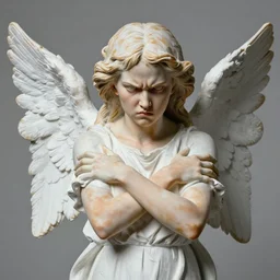 painted portrait sculpture of angry girl angel
