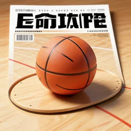 basketball shaped like a cube on basketball court shaped like an oval, sports magazine cover
