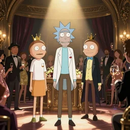 a photo of rick and morty, in fancy clothes at a high-class party