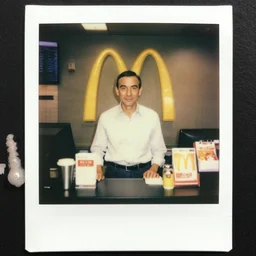 mr. bean working the front counter of mcdonald's ready to take your order, eighties polaroid, flash photography, photorealistic, kodachrome