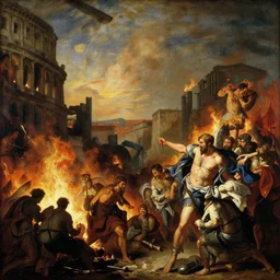 the fall of rome, dramatic neoclassical painting, brutalist architecture, fire and chaos, very detailed, award winning