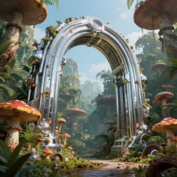 a very colossal shining chrome metal arch is surrounded by jungles and mushrooms, retro - futuristic, science - fantasy, rusted, fungal, salt, lgbt, queer, rpg, epic, dungeons & dragons, sacred, sharp focus, award - winning, extremely detailed, 4 k, 8 k