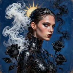 3 d, white and black smoke, sun rays, fierce fashion model, sweat skin, liquid black metal, black roses, poster art, high detail, intricate oil painting, multiple exposure, deep blue mood, hyperrealism, 3 d, by tooth wu and wlop and beeple and greg rutkowski