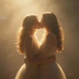 a fantastic dreamy image of a vision of a couple having a loving kiss, in the form of spirit people dreaming, ethereal, dreamlike, misty, godrays, golden amber light