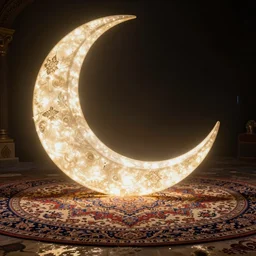 giant shining crescent clearly seen, magic fluffy persian carpet dimension, by gaston bussiere, dim lighting, beautiful volumetric - lighting - style atmosphere, surreal atmosphere, intricate, detailed, photorealistic imagery, trending artstation