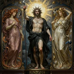Charon the ferryman of Hades, by Rolf Armstrong and Evelyn De Morgan, dramatic lighting, high contrast colors, baroque, empyrean, panoramic view, as trending on Artstation, highly detailed, doom engine,