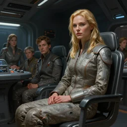 scifi art by greg rutkowski, a very tall and slender woman with blond hair, sitting with the crew on the spaceship's bridge, dark lighting atmosphere, detailed portraits, nostalgic atmosphere, scifi, digital painting, artstation, concept art, smooth, sharp foccus ilustration, artstation hq