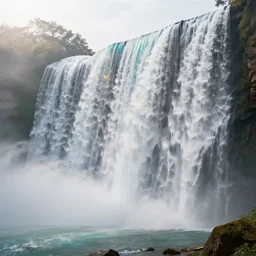 a beautiful 3 d render of a waterfall, perfect, hazy, volumetric lighting, birds in the background, very detailed, serene, cirrus, cyan accents, gold accents, washed out colors, photorealistic, master level composition, raytracing