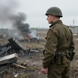 a russian soldier wonders throughout the murderous landscape. high definition, beautiful award winning photography, 8 k.