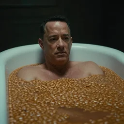 tom hanks swimming in a bath tub of baked beans, realistic, moody grindhouse, dark