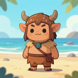 Cute Kobold wearing caveman clothes at a beach, digital art