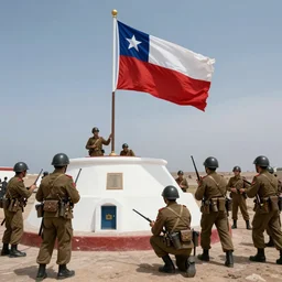 pacific war, chilean soldiers with classic equipment, taking over the morro de arica while planting a chilean flag over it marking the end of the war, cinematic 8 k, full color, highly detailed