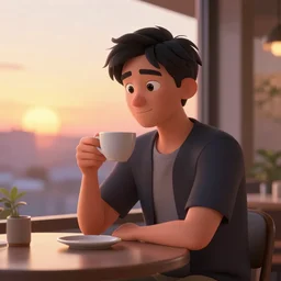 a man sitting on a café table mext to a window and holding a cup of coffee at sunset, anime style, Pixar style, black hair, 4K, cartoon, concept art, octane render, unreal engine 5, path tracing, complementary colours, serene scene, warm, cute, natural lighting, high quality, highly detailed, high coherence, defined face, five fingers, anatomically correct, soft lighting