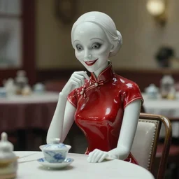 movie still of a woman made out of porcelain sitting at a table in a cafe, wearing a red cheongsam, smooth white skin, creepy smile, tea set in foreground, directed by Guillermo Del Toro