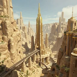 a retro futurism city made of sandstone and brass with towering elegant elevated railways connecting districts on a canyon world by robert mccall and john berkey | ralph mcquarrie :. 5 | unreal engine :. 3