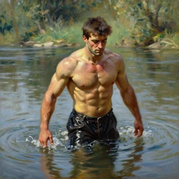 muscular soldier wading through a river, sunlight shining on his skin, reflective water, painting by tom of finland, gaston bussiere, craig mullins, j. c. leyendecker, claude monet