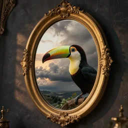 elegant oval mirror and toucan with reflection, cinematic, filmic, wildlife photography, ray tracing reflections, insanely detailed and intricate, hypermaximalist, elegant, ornate, hyper realistic, super detailed, golden hour, stormy weather, ominous, dark room