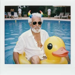 an old man with white hair and a white beard, wearing gold wire frame sunglasses, wearing a white patterned button down shirt open three buttons to show his chest, wearing a thin gold chain necklace with a gold pendant, sitting on top of a yellow duck pool float with pink lips big eyes and rainbow horns, in an empty pool, in a resort with people walking around in the background, aged polaroid vacation photo style