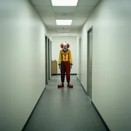 a creepy office hallway. a clown at the end of a hallway. craiglist photo. 2 0 0 4