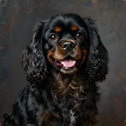 painting of a dark, happy, smiling, black cavalier king charles spaniel with black fur. art by renoir