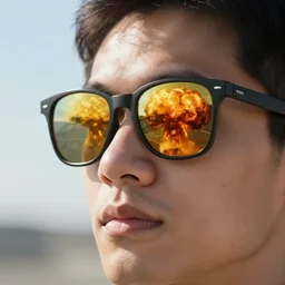 a person wearing sunglasses that reflect a nuclear explosion
