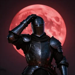 a knight clad in dark armor removing his helmet as he basks under the light of the red moon
