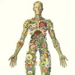 highly detailed illustration of a human anatomy body exploded by all the known species of flowers by juan gatti, by moebius!, by oliver vernon, by joseph moncada, by damon soule, by manabu ikeda, by kyle hotz, by dan mumford, by kilian eng