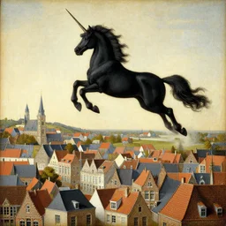 a black unicorn flying over a Flemish cityscape, by Bosch