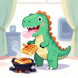 an illustration of a delicious color dinosaur barbecuing waffles and chewing gum, in a room with window drapes, outside a noir future