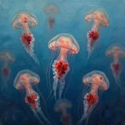 painting of swarm of bloody - belly comb jellies, matte painting, detailed,