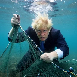 boris johnson stuck in a fishing net, underwater, struggling, photo