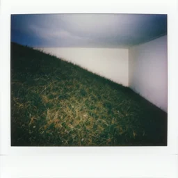 polaroid photo of a empty steep grass hill inside an empty room flash photography, strange unnatural lighting, flash photography, uncanny sky, fisheye lens