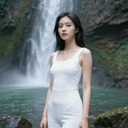 a serene and beautiful woman standing in front of a waterfall arthur adams and moebius and chip zdarsky, stunning, comic, pen and ink, slash page, highly detailed