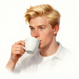 a beautiful artwork illustration, concept art sketch of a portrait of a blonde man drinking coffee, volumetric fog, godrays, high contrast, high contrast, high contrast, vibrant colors, vivid colors, high saturation, by Greg Rutkowski and Jesper Ejsing and Raymond Swanland and Alena aenami, featured on artstation, wide angle, vertical orientation