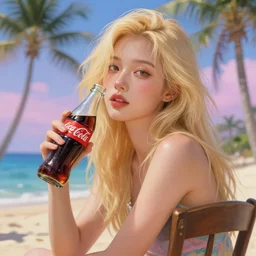 masterpiece portrait of a beautiful blond asian girl on chair hold coke in mediterranean beach, palm tree, majoy dreamlike sky,, cinematic lighting, highly detailed, digital painting, trending on artstation, pixiv,, close up shot, laura sava illustration, art by ross tran and wlop, ilya kuvshinov, jeremiah ketner