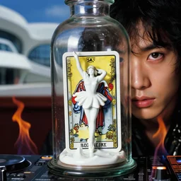 cinestill 5 0 d, 8 k ; esoteric ultra realistic major arcana in kagemusha ( 1 9 9 0 ) film still flaming club dj mixing scene in frontiers in porcelain photography fashion magazine june seinen manga closeup portrait edition, hyperrealistic real - life melting tarot card porcelain occult figurine in victorian glass jar, pointe pose, eye contact, tilt shift wide shot zaha hadid background