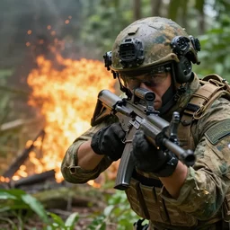 close up CSAT Viper Special Forces fighting devastated burning exploding jungle combat photography 2022, Canon EOS R3, f/1.4, ISO 200, 1/160s, 8K, RAW, unedited, in-frame,