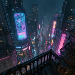 a top balcony view of a dark and vibrant cyberpunk street, dimmed neon lights, lens flare, heavy rain, deep focus, d & d, intricate, elegant, highly detailed, digital painting, artstation, holographic ads, concept art, matte, sharp focus, illustration, art by artgerm and moebius and ralph mcquarrie