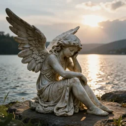 a grieving fallen angel statue next to a lake with the sun shining on it